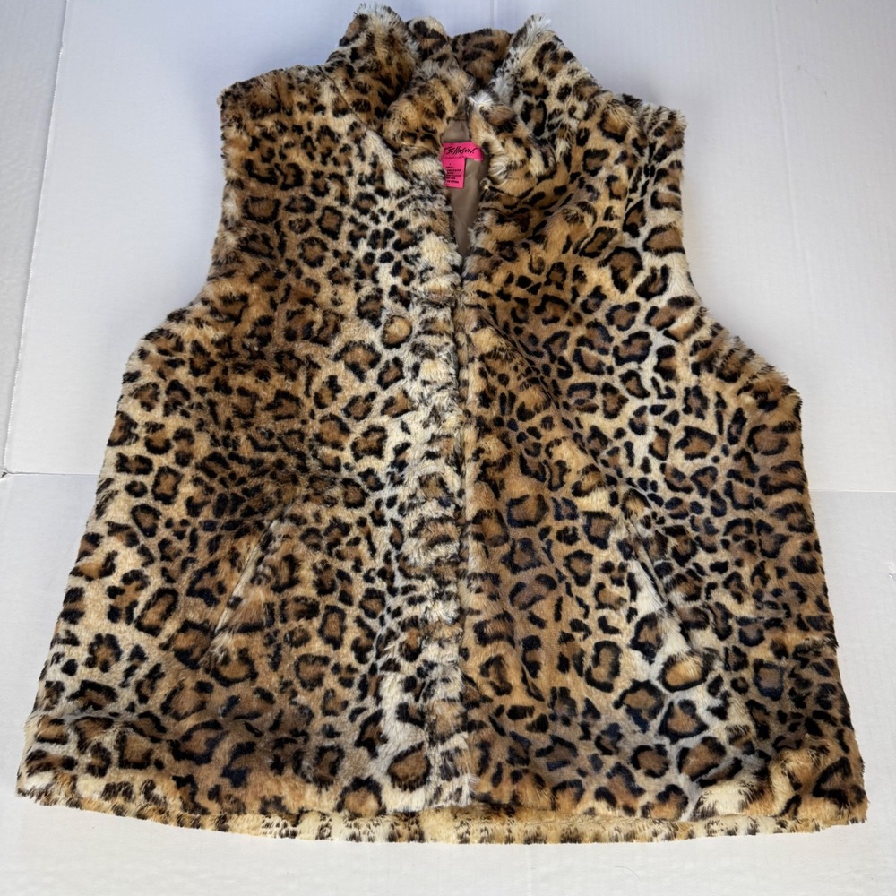 Betsey Johnson Leopard Faux Fur Vest Brown Tan Animal Print Large Stand Collar